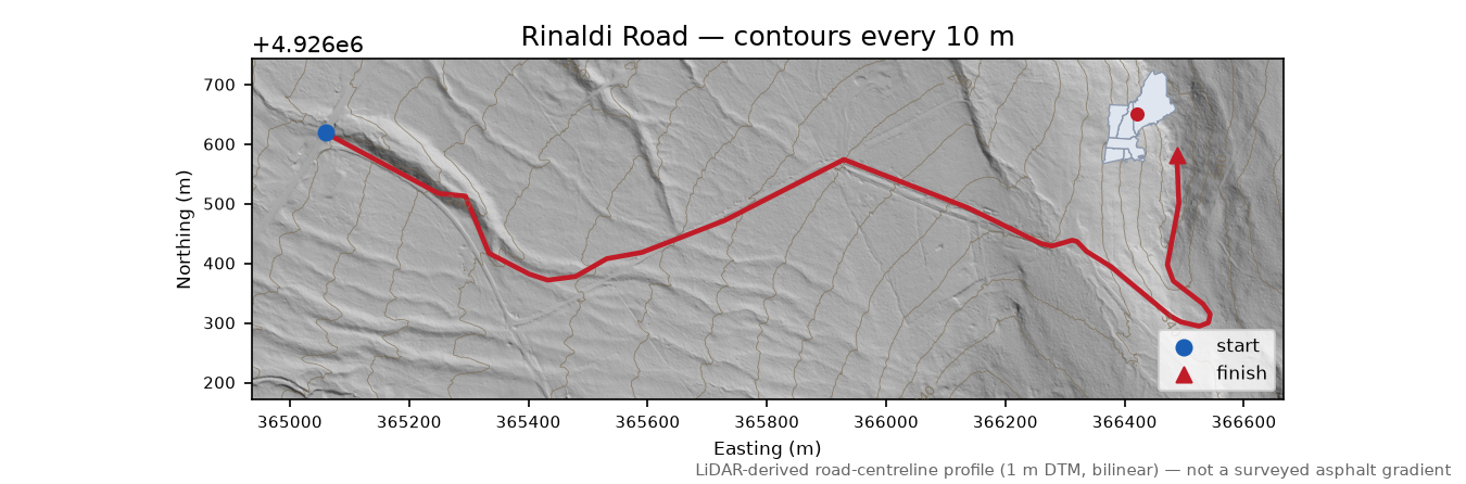 Rinaldi Road LiDAR hillshade map with contours