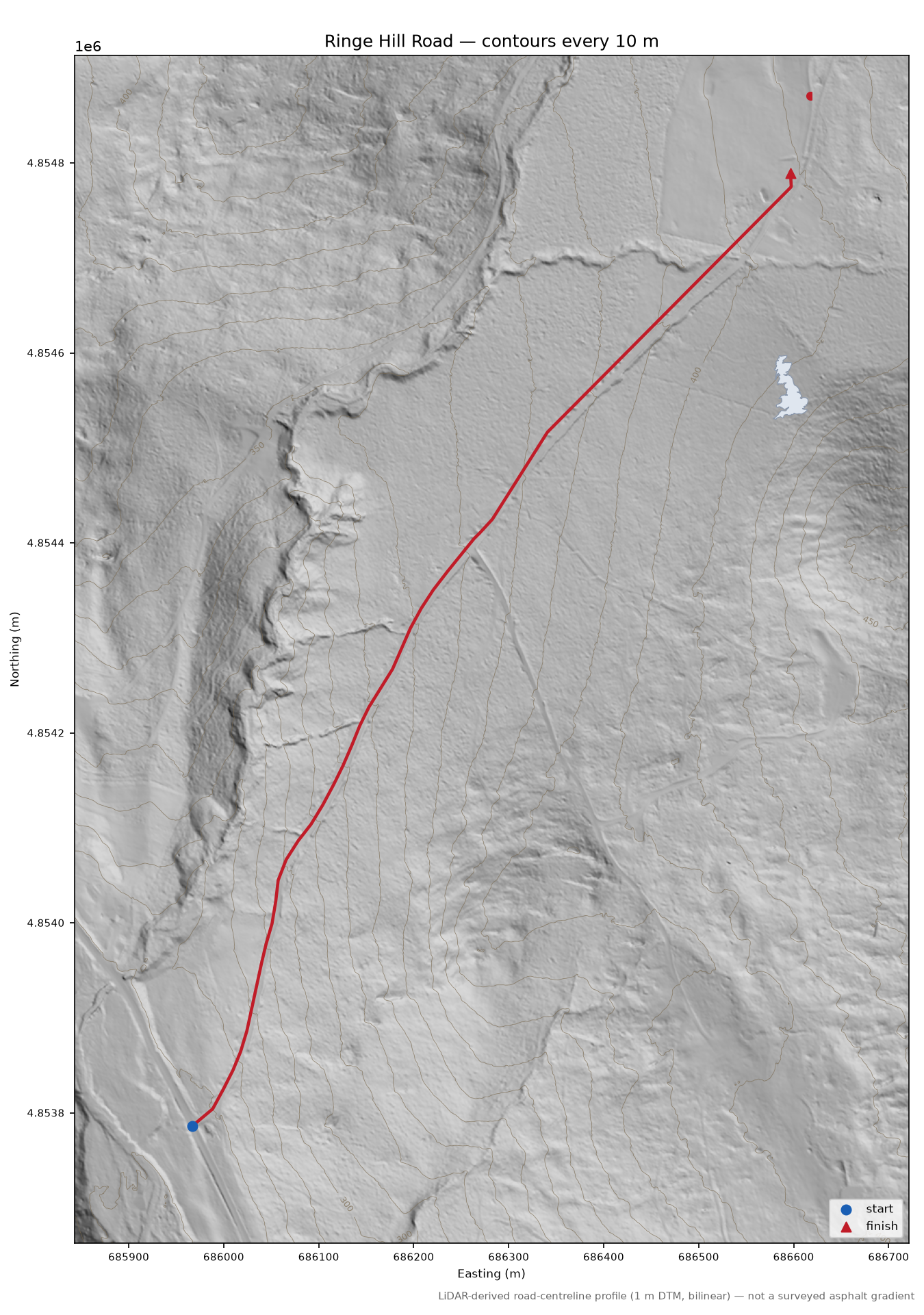 Ringe Hill Road LiDAR hillshade map with contours
