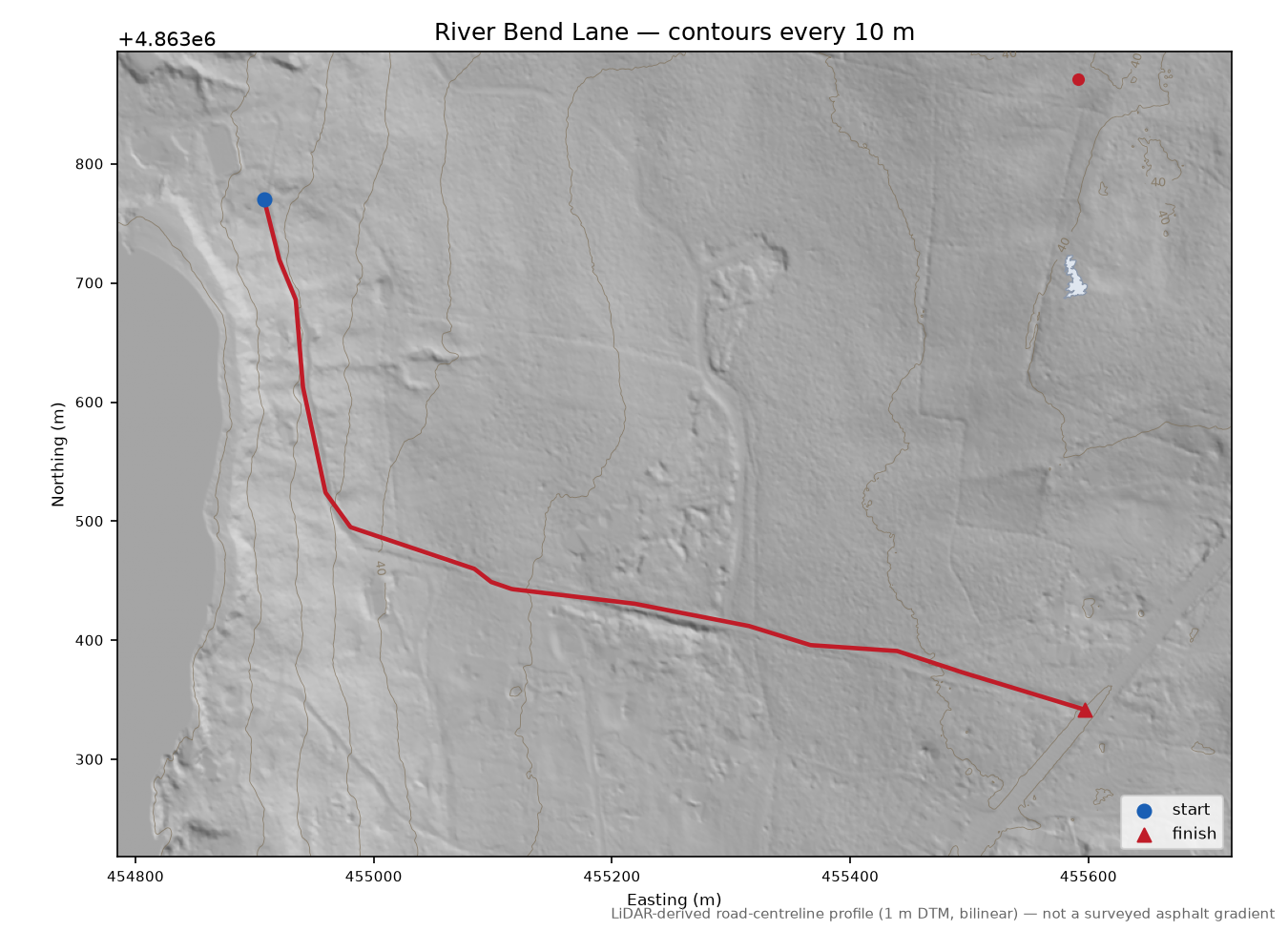 River Bend Lane LiDAR hillshade map with contours