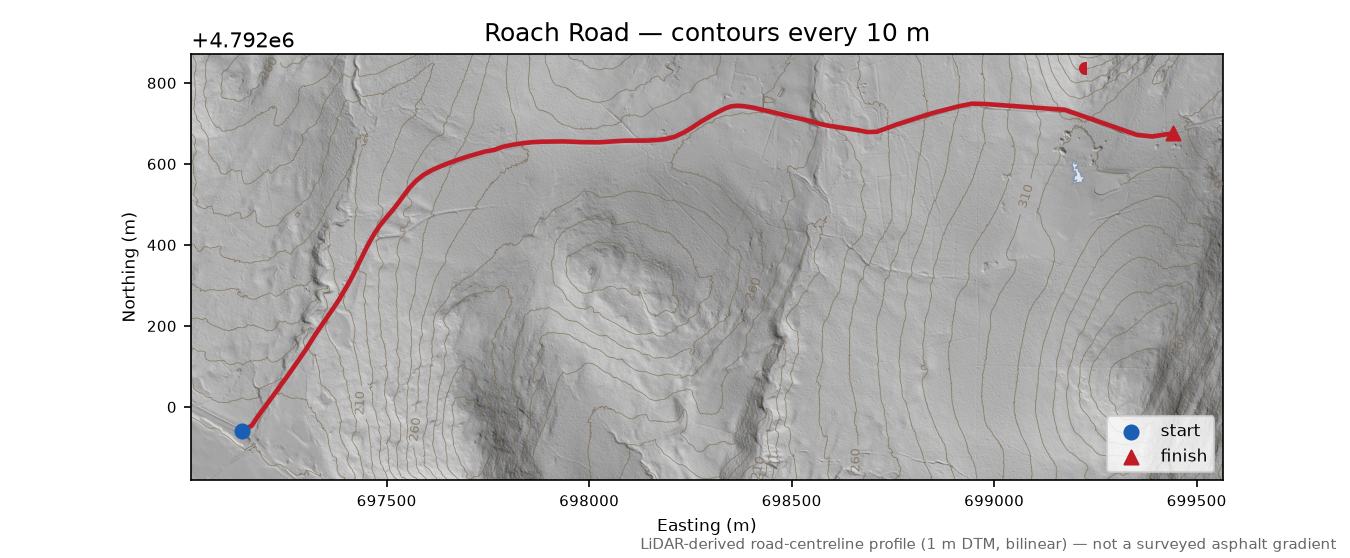 Roach Road LiDAR hillshade map with contours