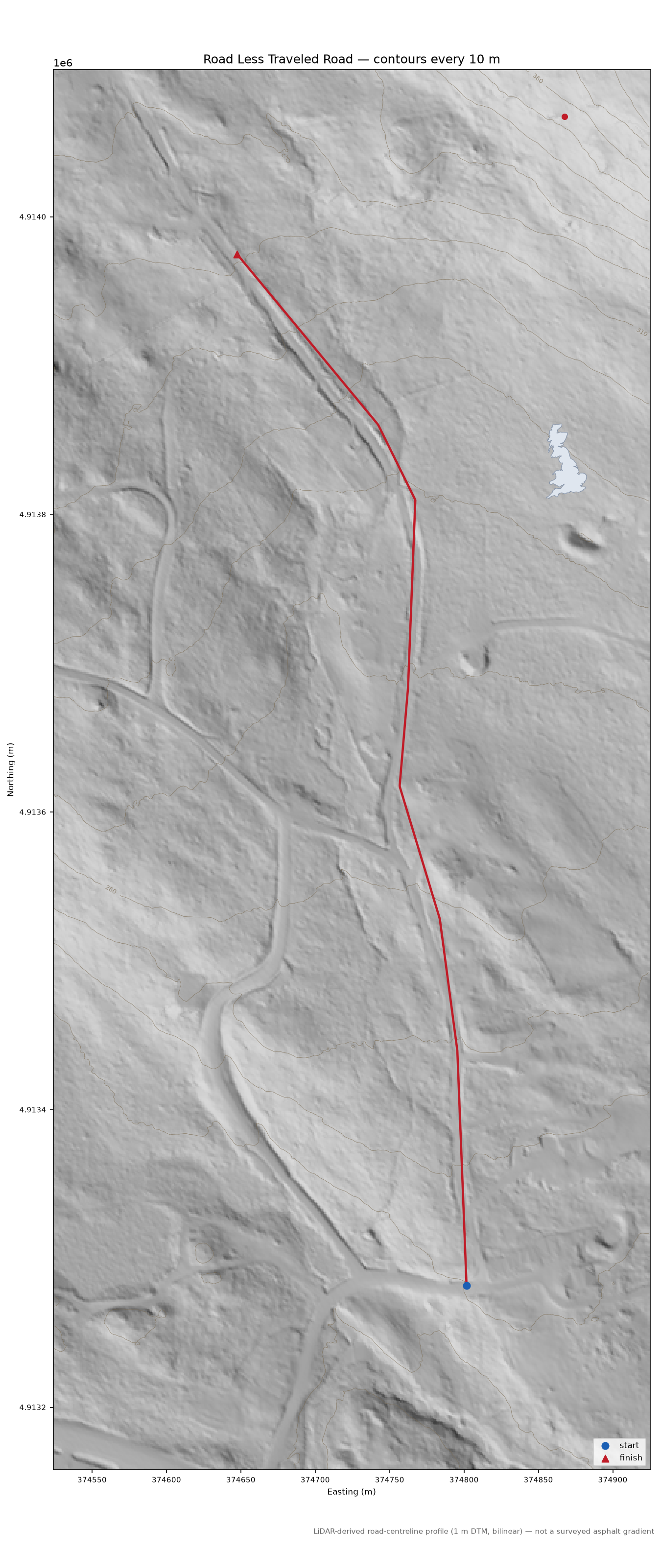 Road Less Traveled Road LiDAR hillshade map with contours