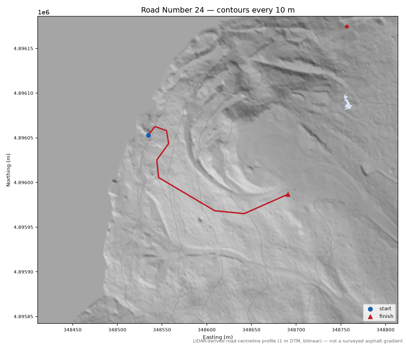 Road Number 24 LiDAR hillshade map with contours