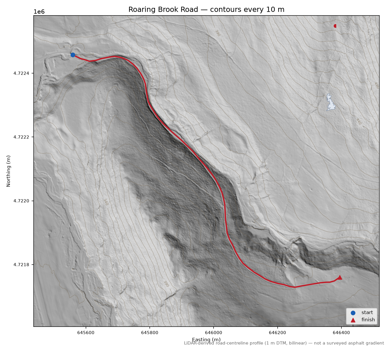 Roaring Brook Road LiDAR hillshade map with contours