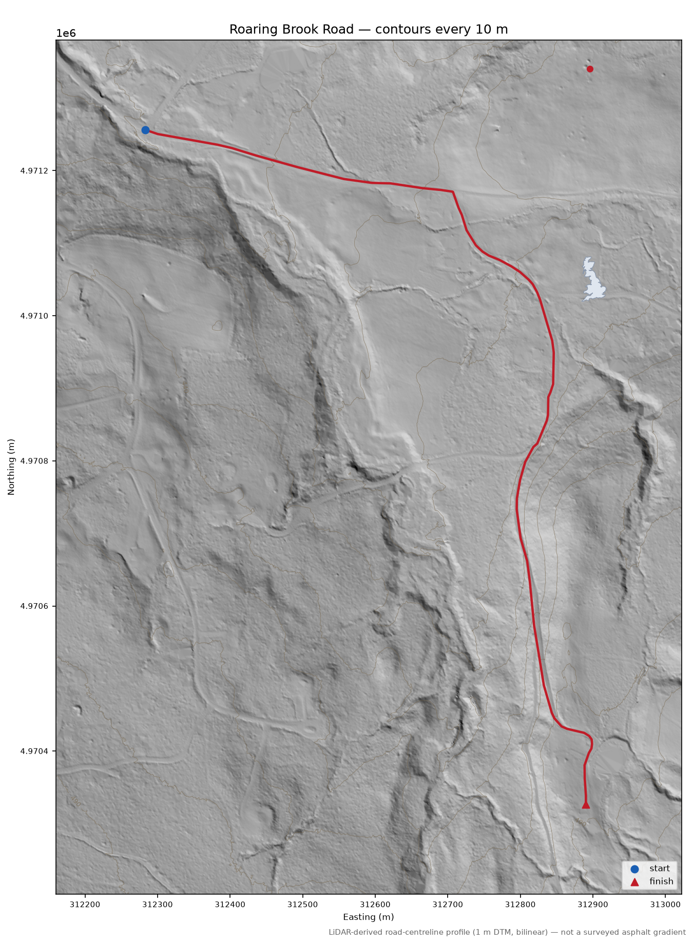 Roaring Brook Road LiDAR hillshade map with contours