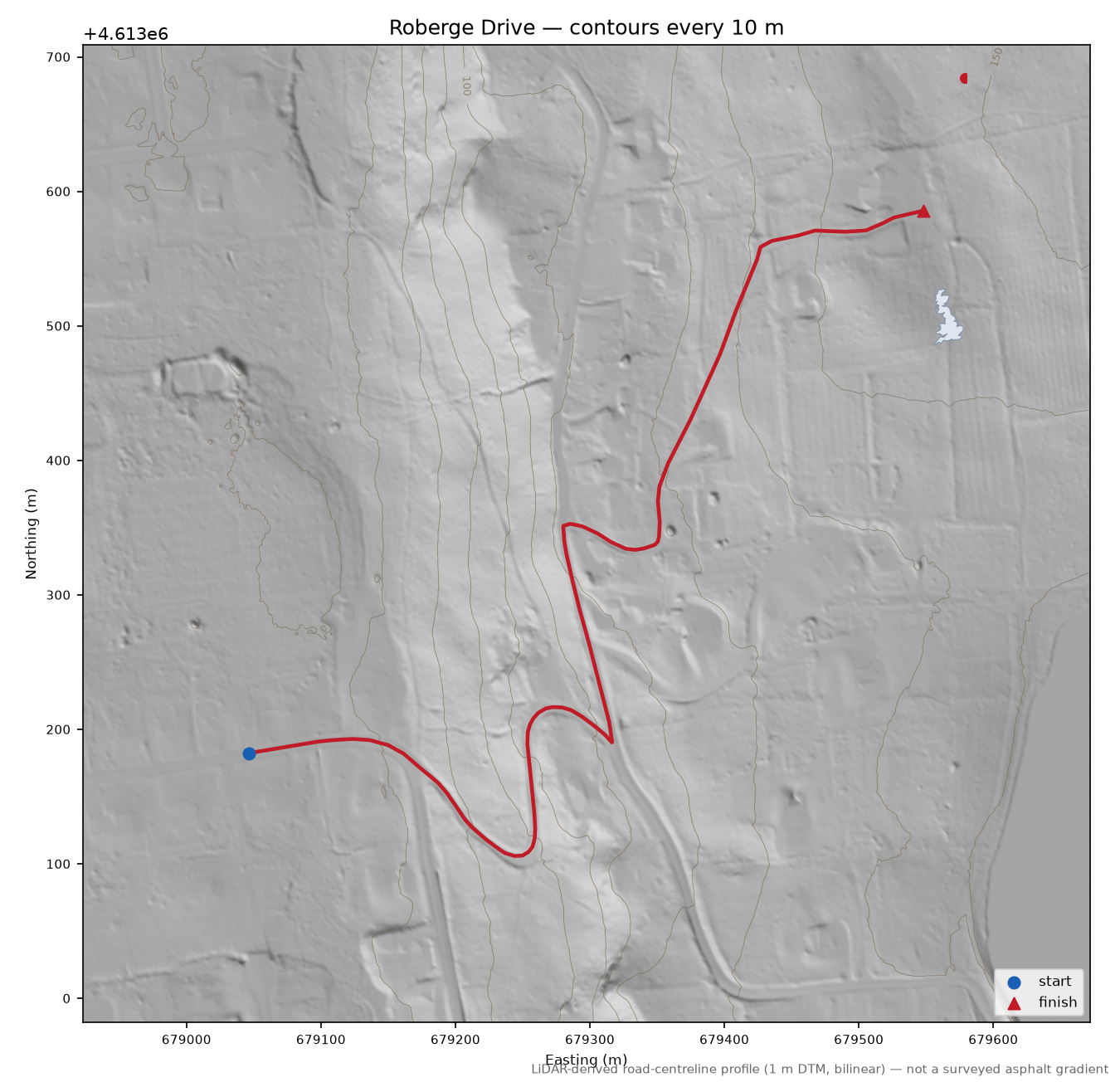 Roberge Drive LiDAR hillshade map with contours