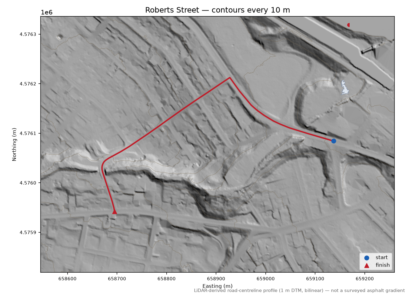 Roberts Street LiDAR hillshade map with contours