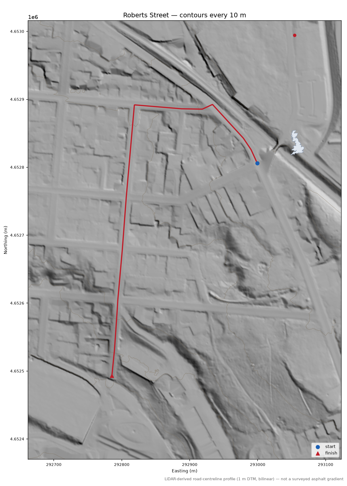 Roberts Street LiDAR hillshade map with contours
