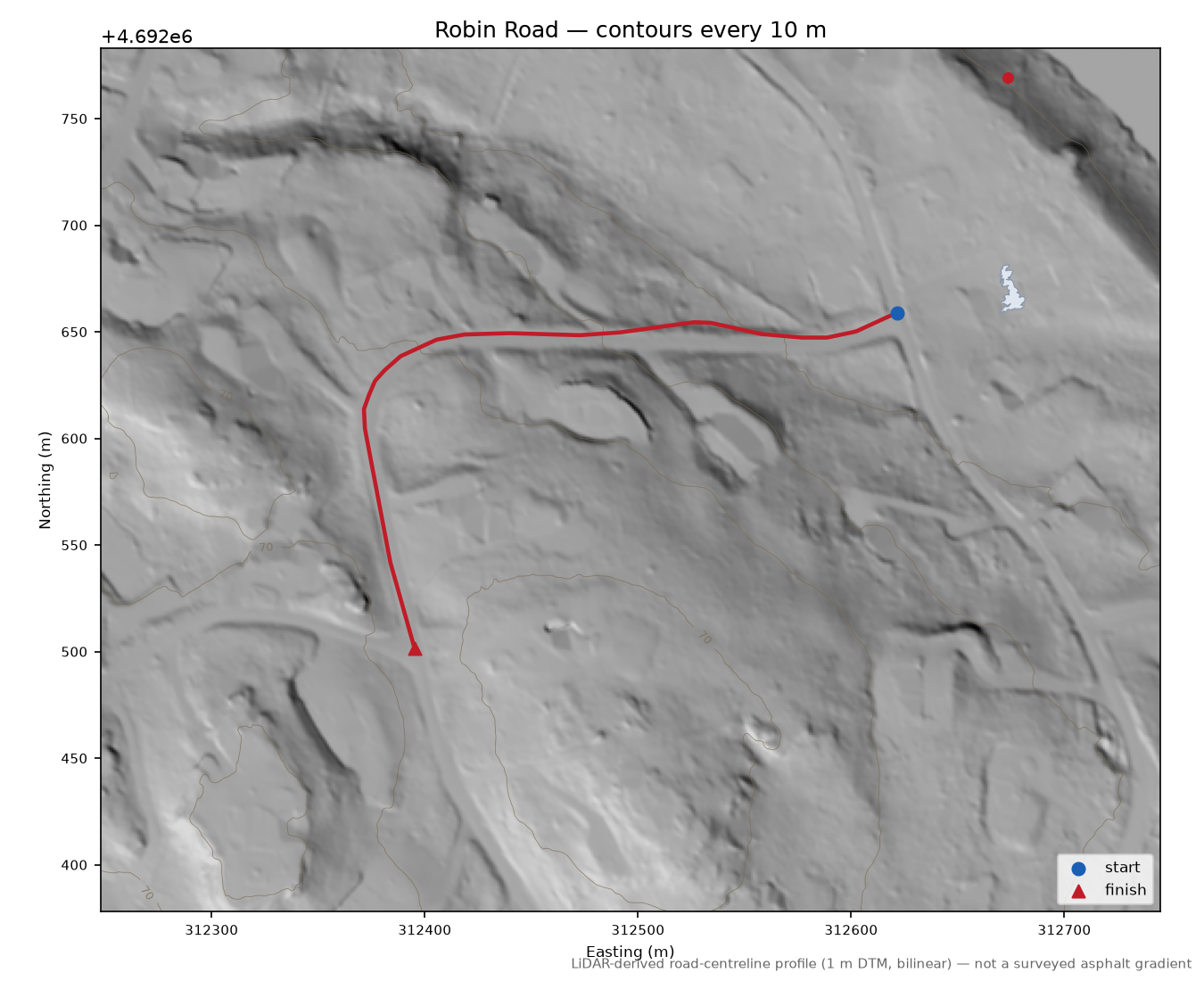 Robin Road LiDAR hillshade map with contours
