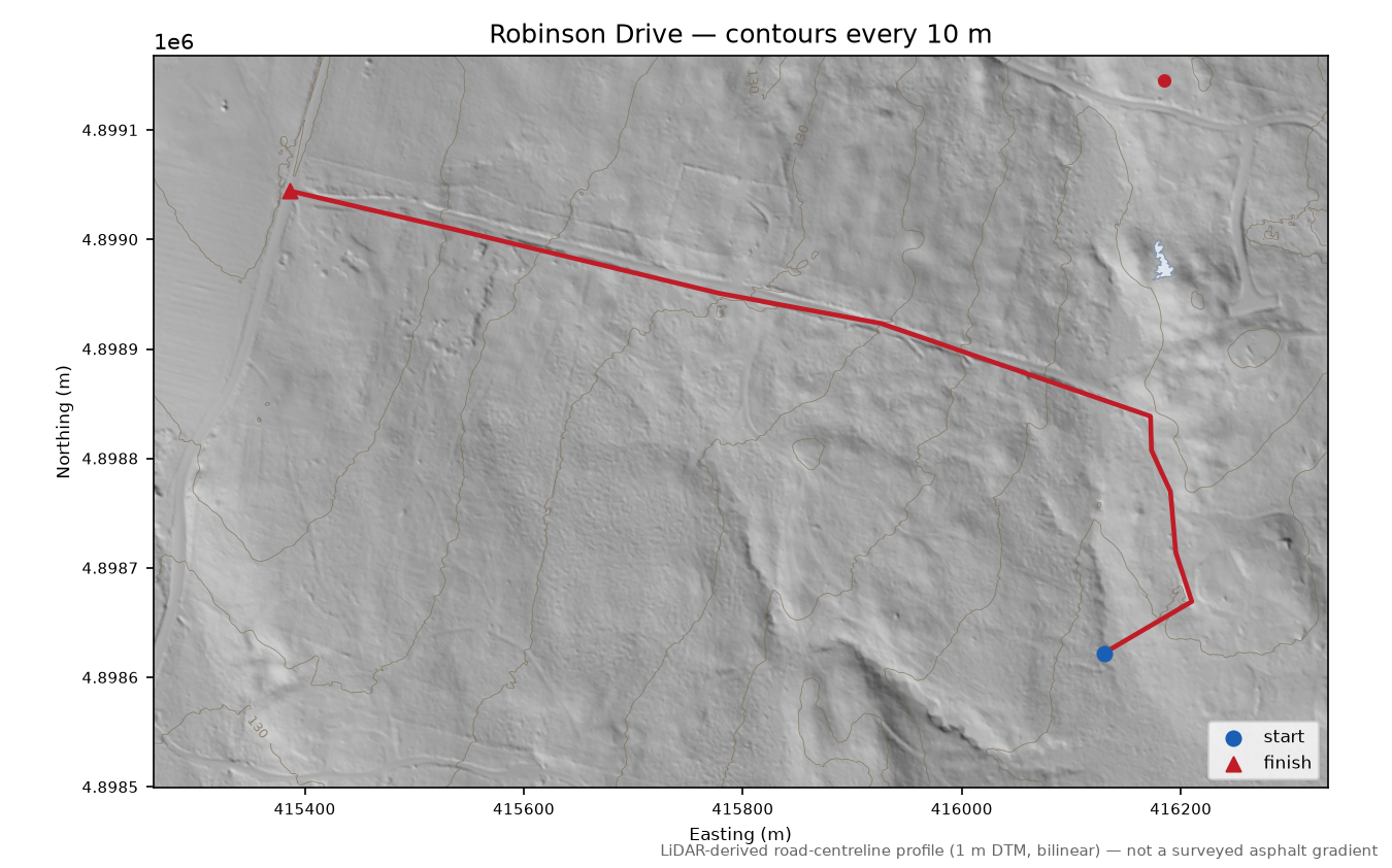 Robinson Drive LiDAR hillshade map with contours