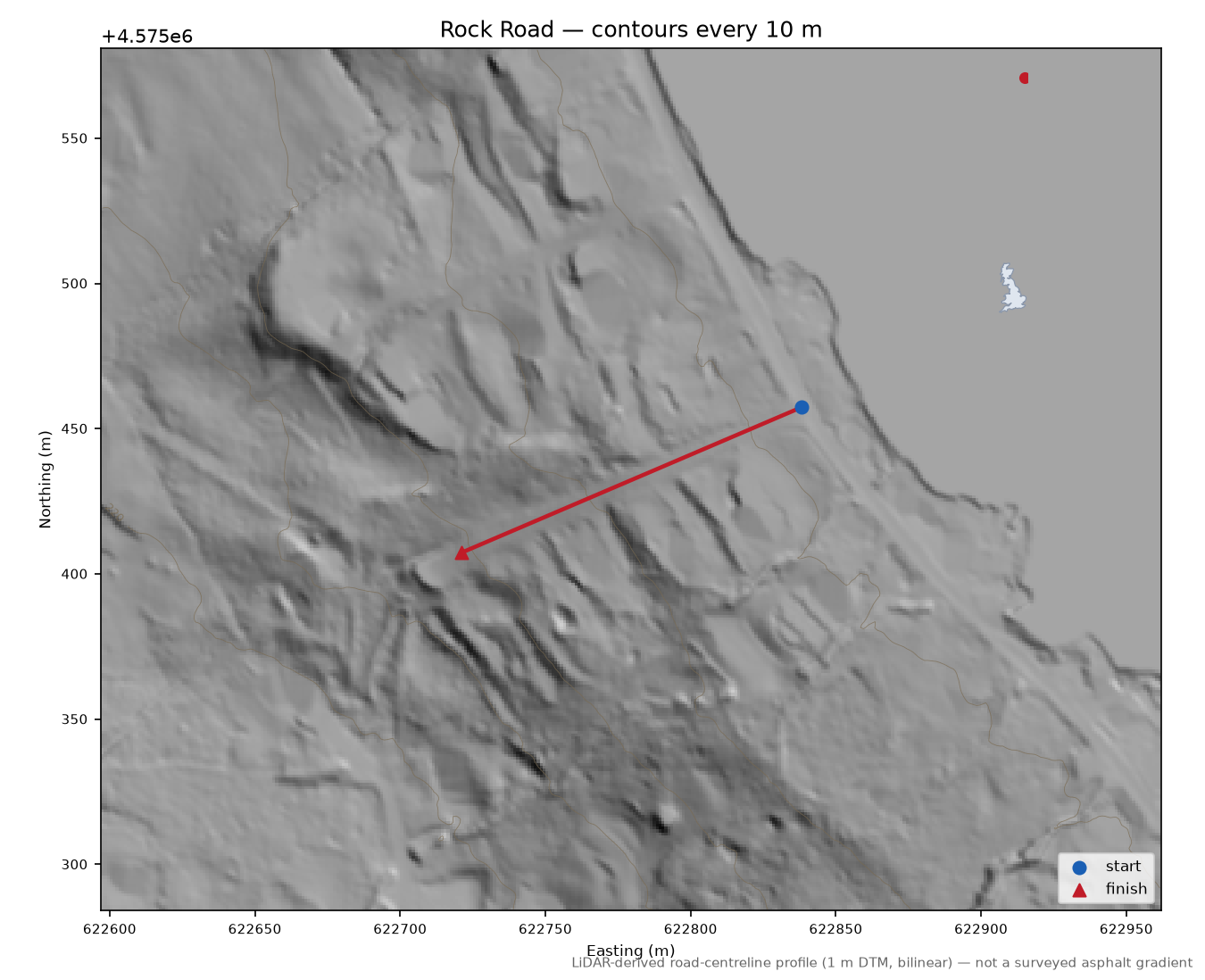 Rock Road LiDAR hillshade map with contours