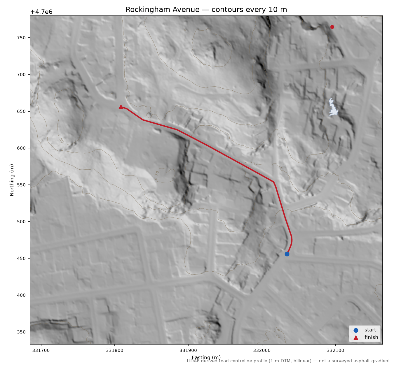 Rockingham Avenue LiDAR hillshade map with contours