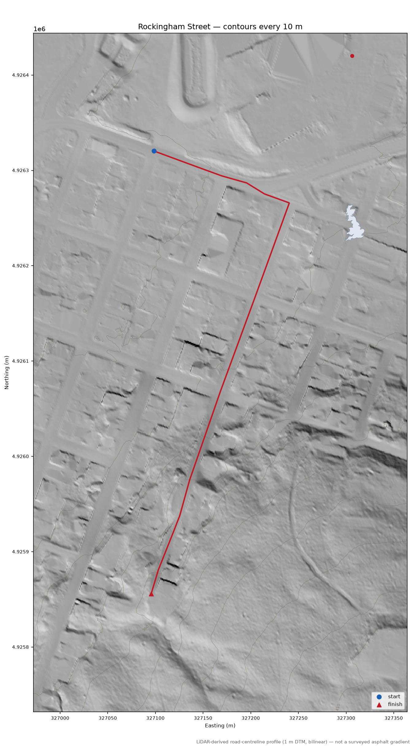 Rockingham Street LiDAR hillshade map with contours