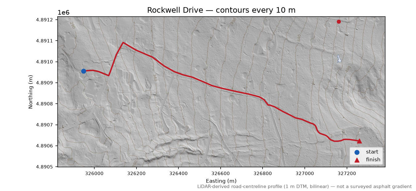 Rockwell Drive LiDAR hillshade map with contours