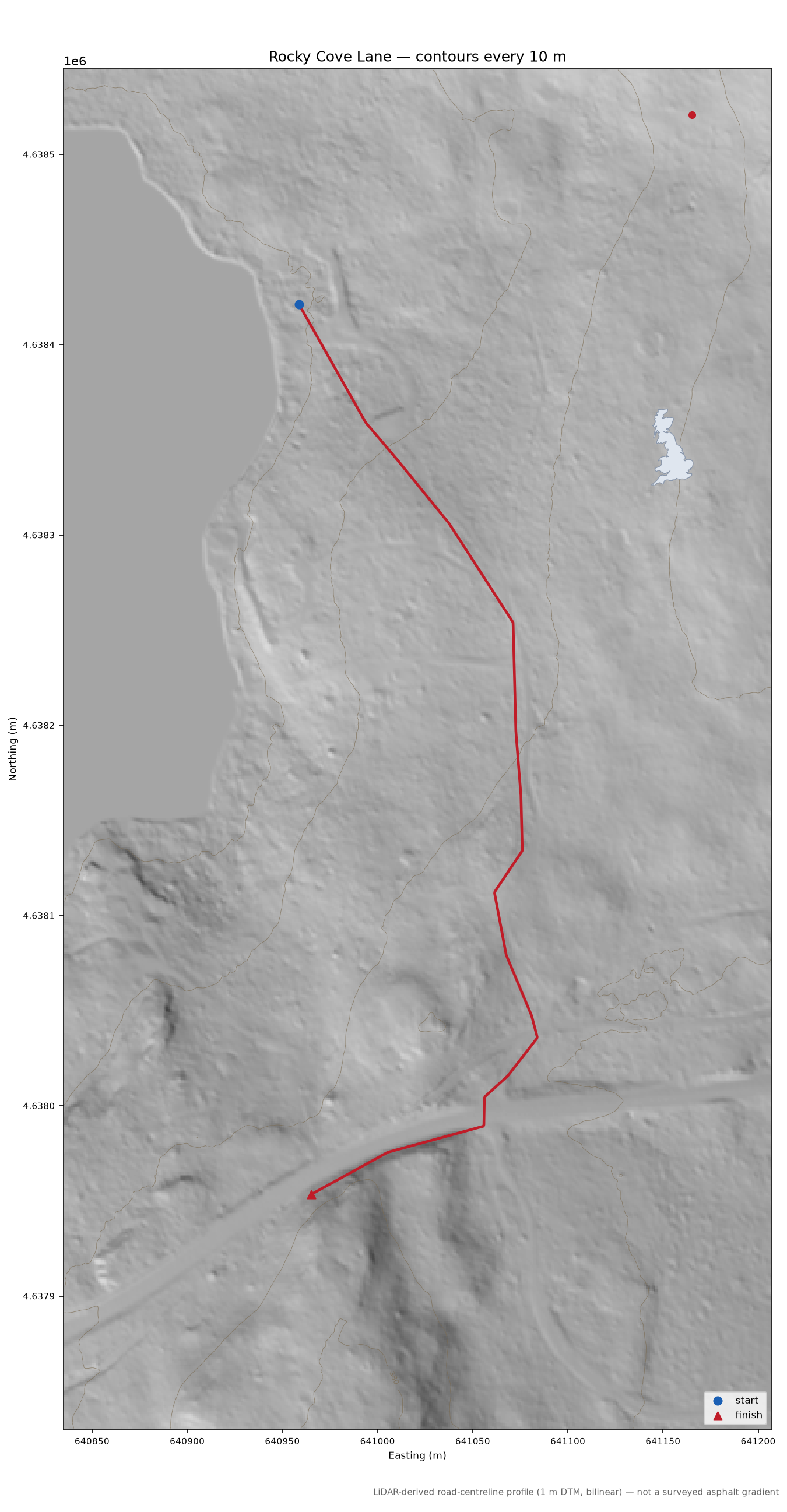 Rocky Cove Lane LiDAR hillshade map with contours