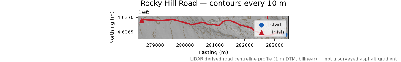 Rocky Hill Road LiDAR hillshade map with contours