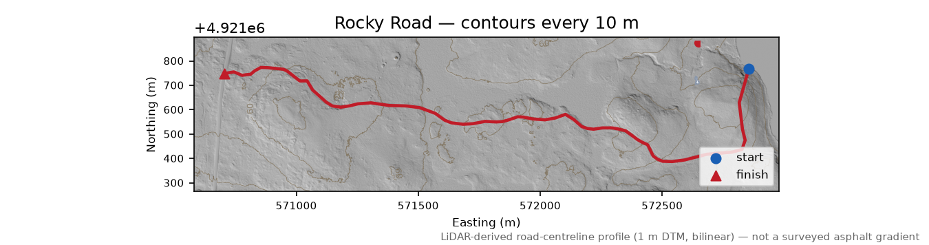 Rocky Road LiDAR hillshade map with contours