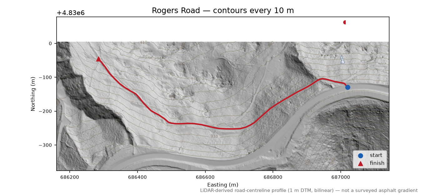 Rogers Road LiDAR hillshade map with contours