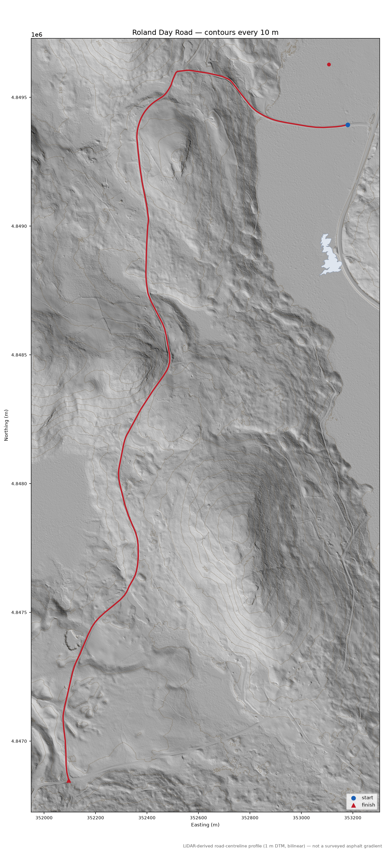 Roland Day Road LiDAR hillshade map with contours