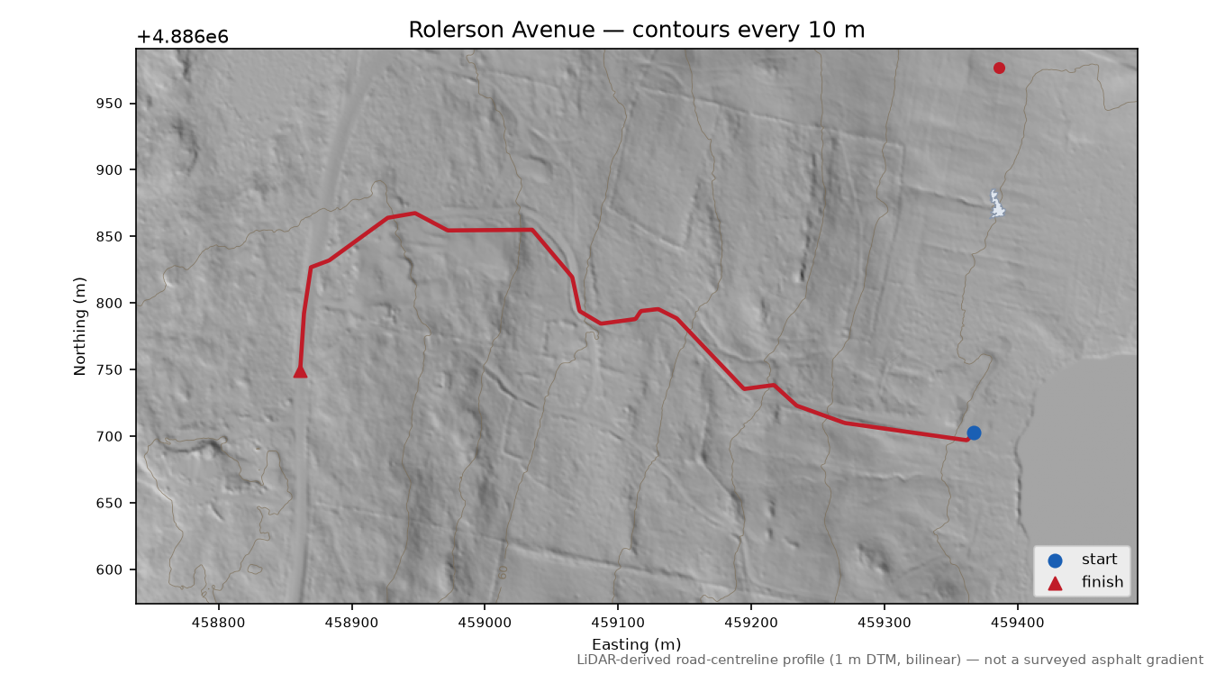 Rolerson Avenue LiDAR hillshade map with contours