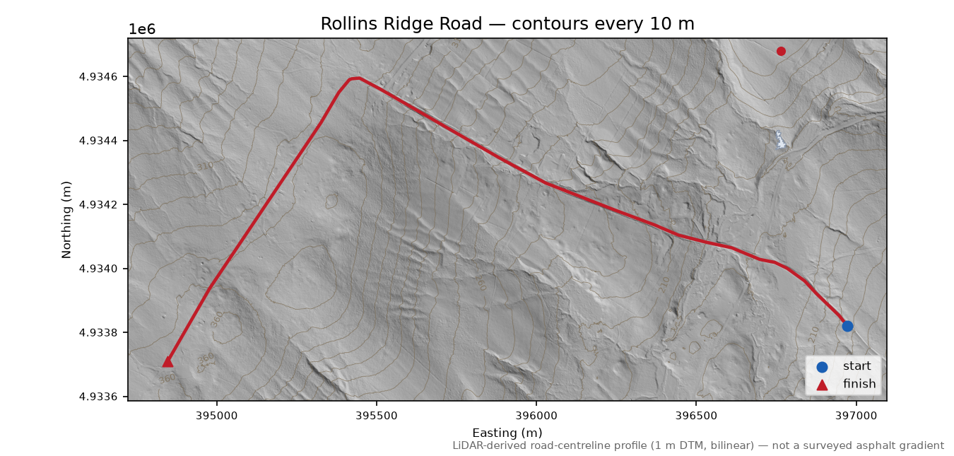 Rollins Ridge Road LiDAR hillshade map with contours