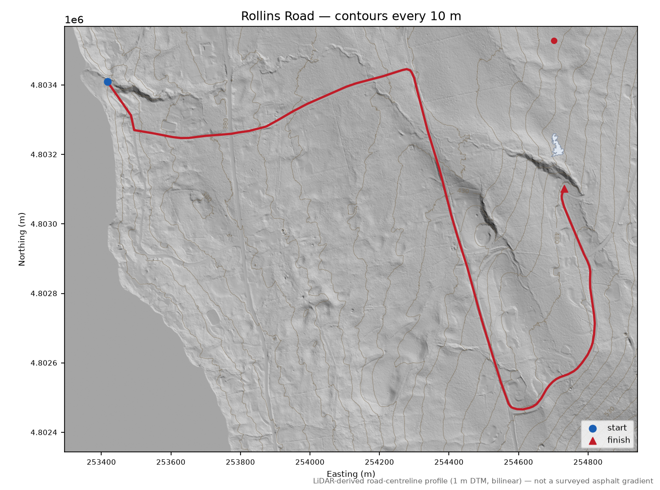 Rollins Road LiDAR hillshade map with contours