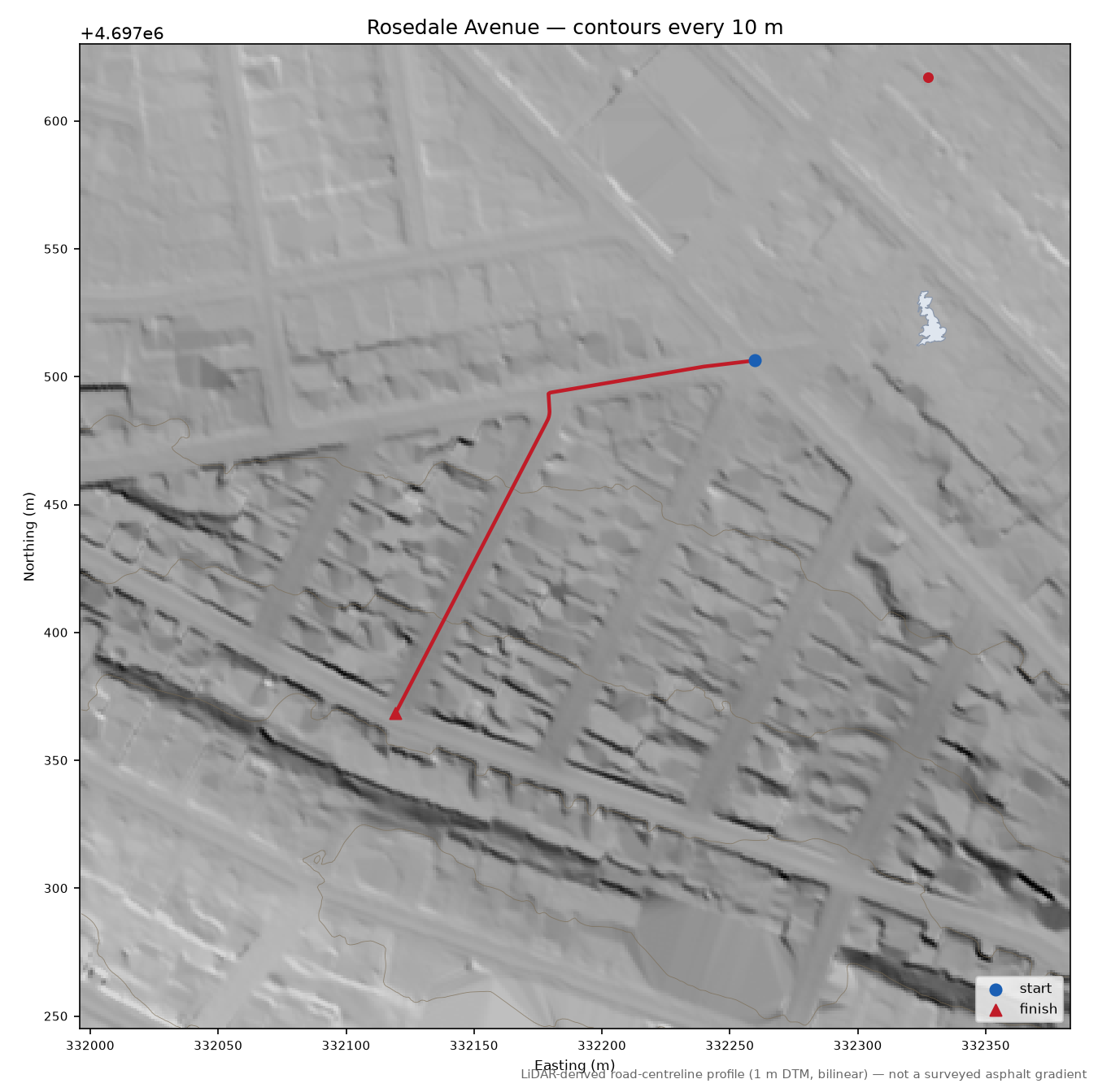 Rosedale Avenue LiDAR hillshade map with contours