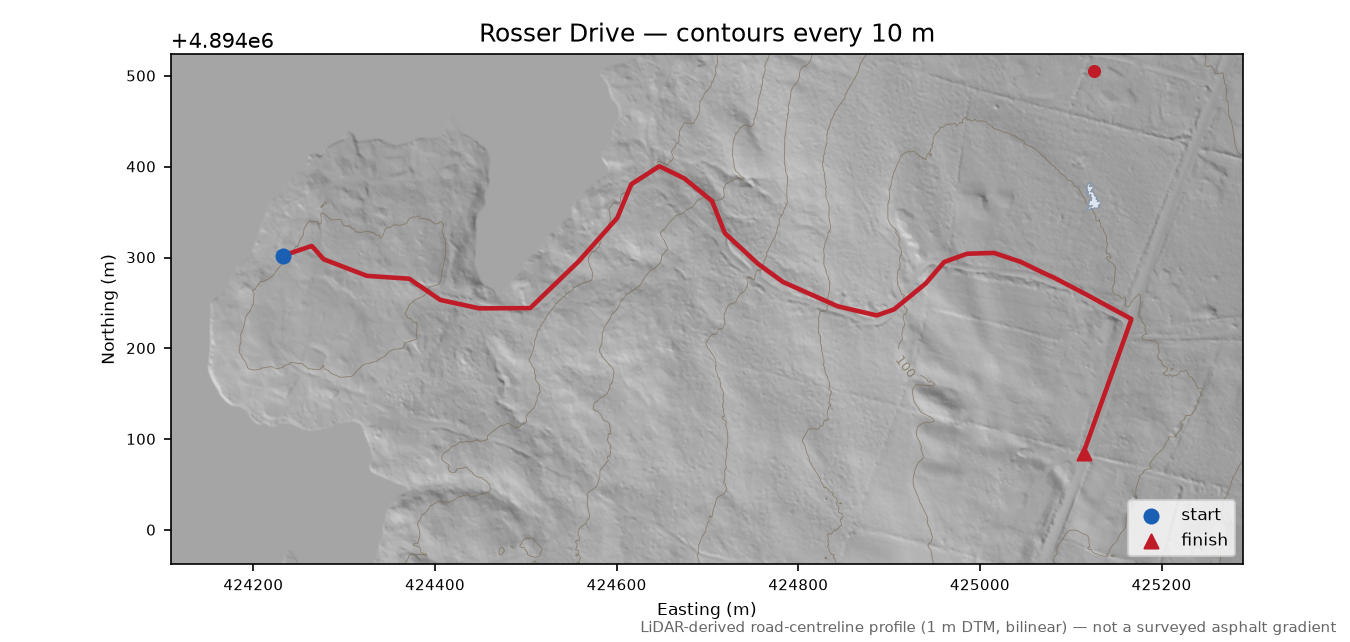 Rosser Drive LiDAR hillshade map with contours