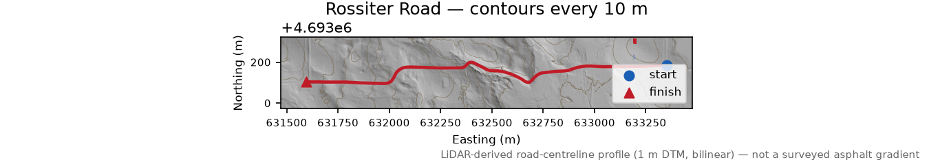 Rossiter Road LiDAR hillshade map with contours