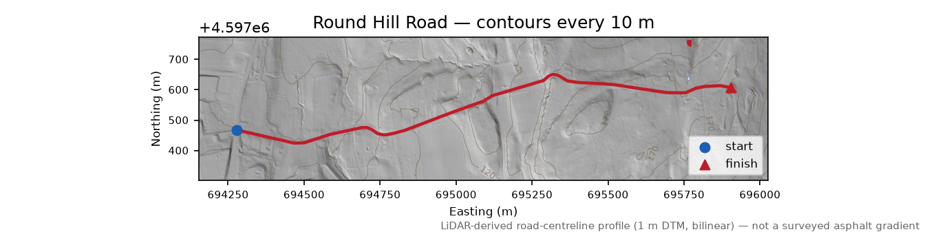 Round Hill Road LiDAR hillshade map with contours