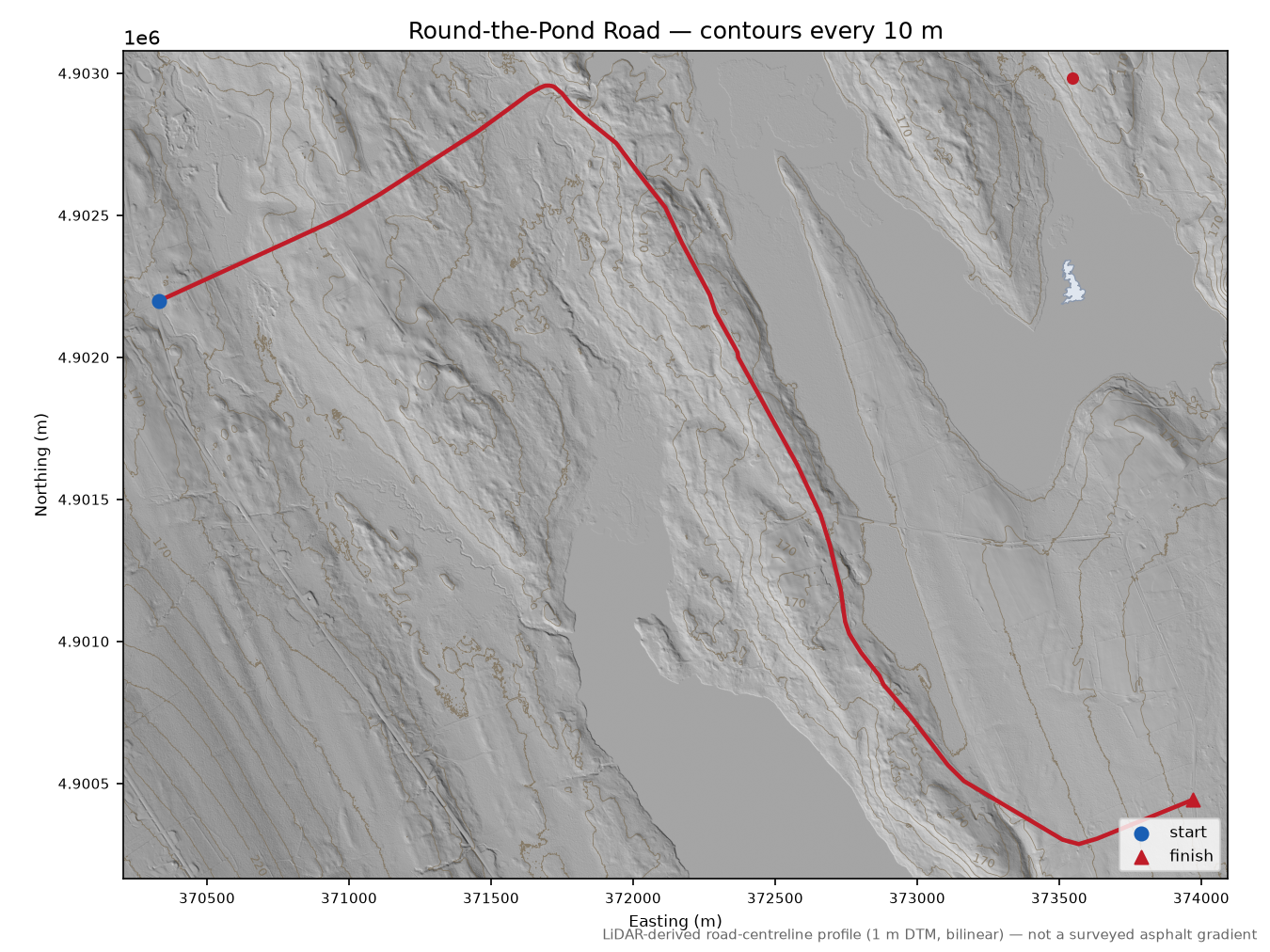 Round-the-Pond Road LiDAR hillshade map with contours