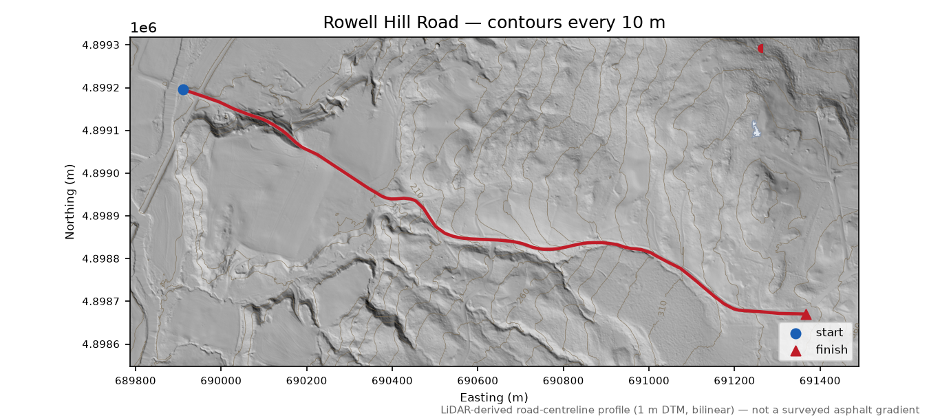Rowell Hill Road LiDAR hillshade map with contours