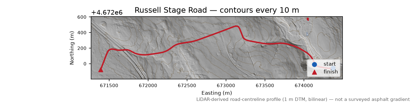 Russell Stage Road LiDAR hillshade map with contours