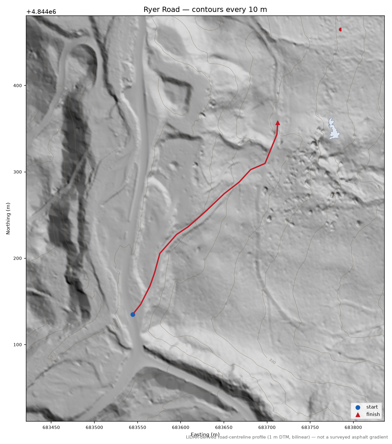 Ryer Road LiDAR hillshade map with contours