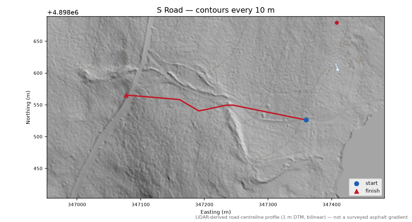 S Road LiDAR hillshade map with contours