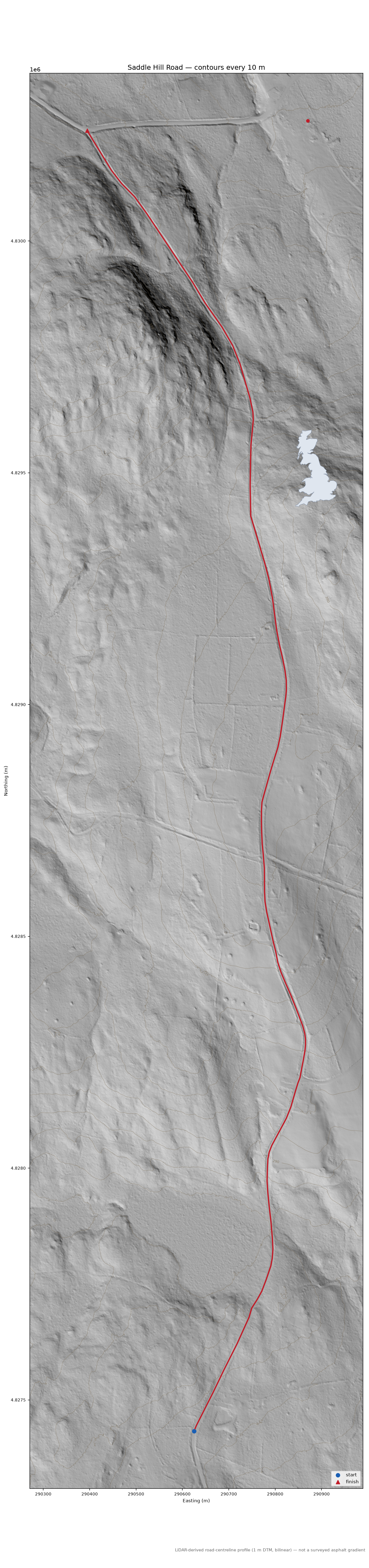 Saddle Hill Road LiDAR hillshade map with contours