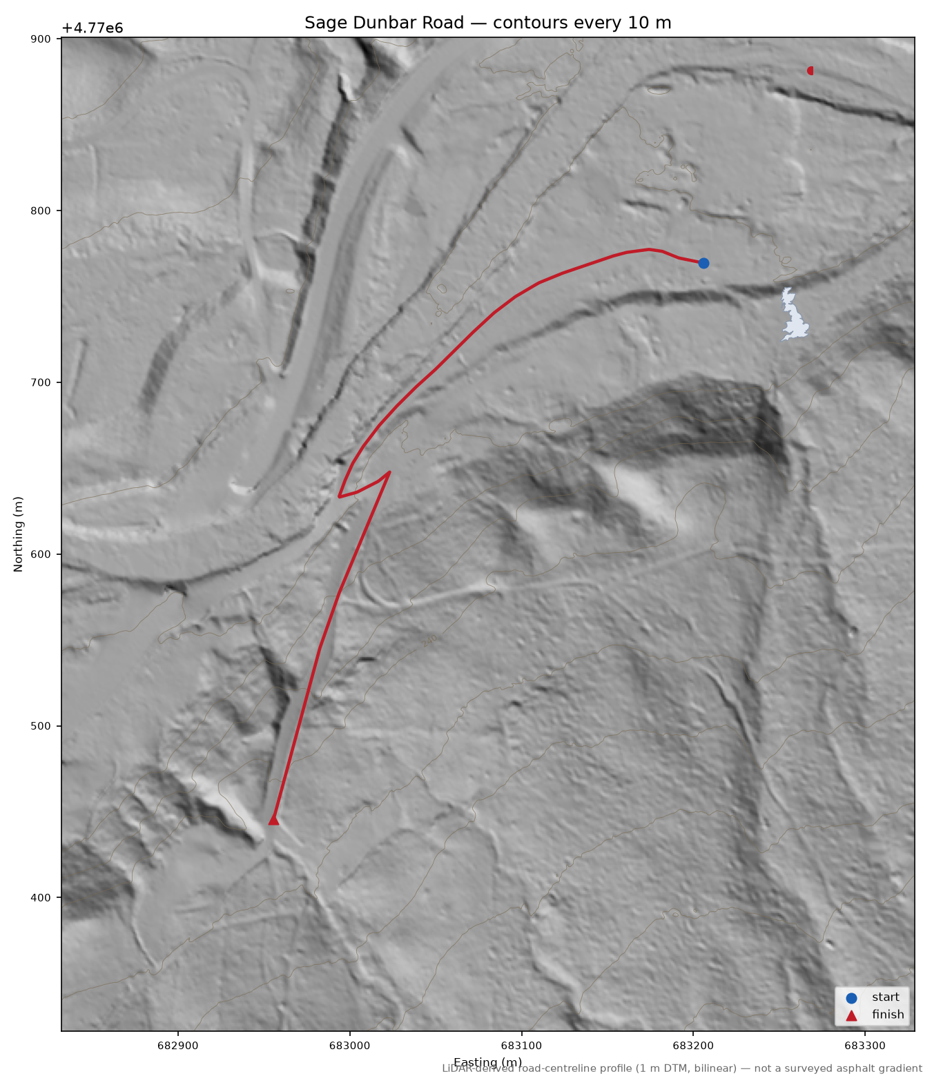 Sage Dunbar Road LiDAR hillshade map with contours