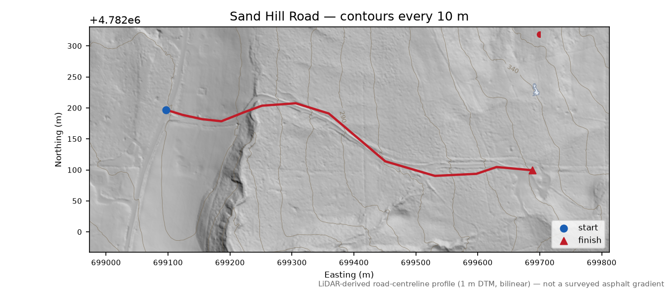 Sand Hill Road LiDAR hillshade map with contours