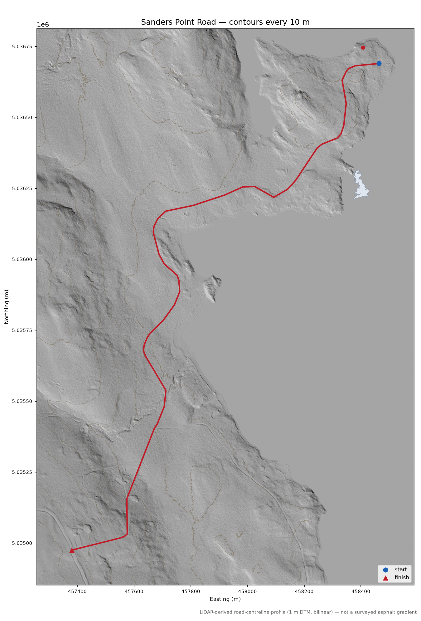 Sanders Point Road LiDAR hillshade map with contours