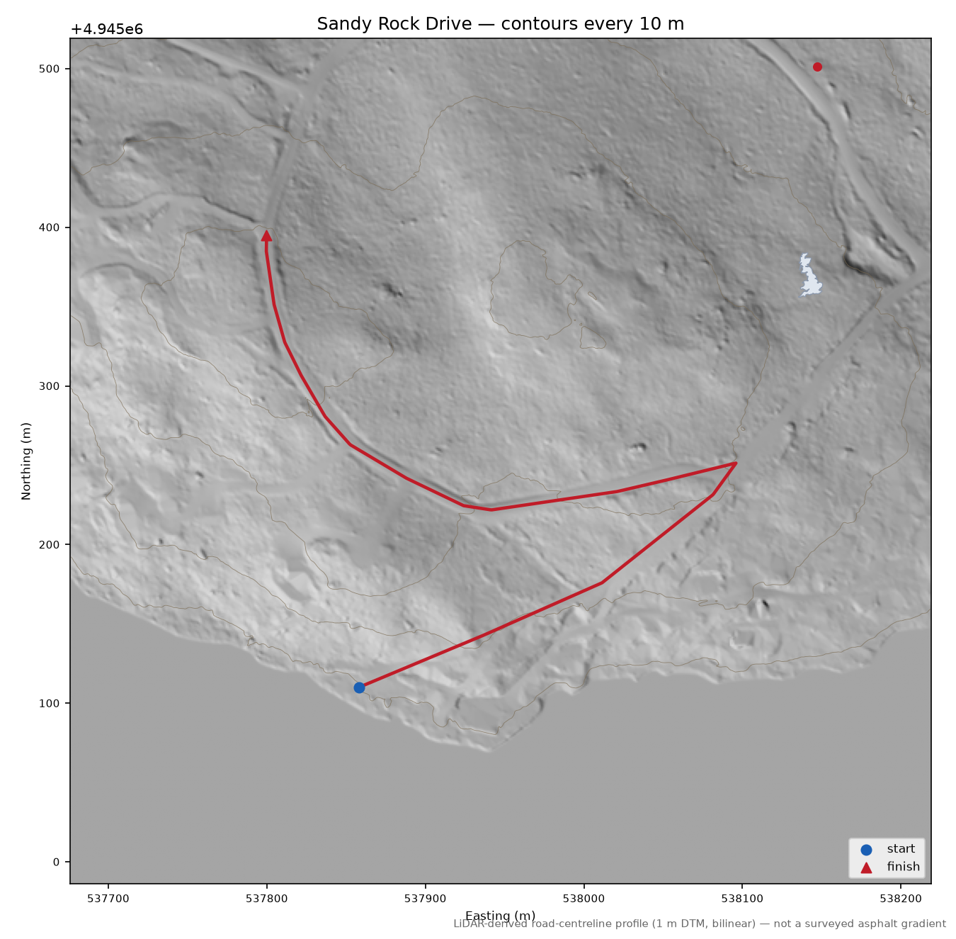 Sandy Rock Drive LiDAR hillshade map with contours