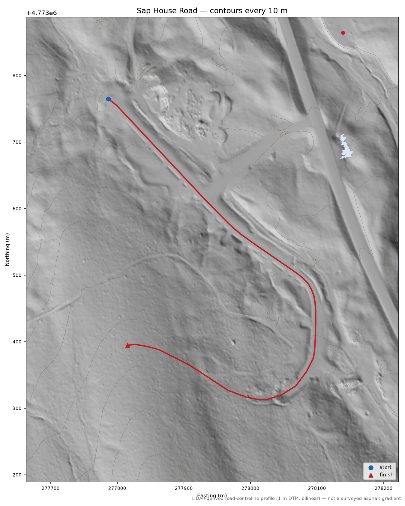 Sap House Road LiDAR hillshade map with contours