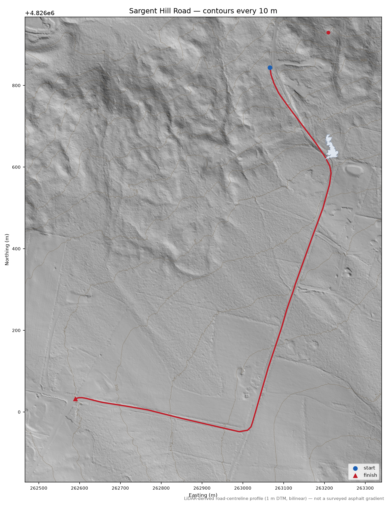 Sargent Hill Road LiDAR hillshade map with contours