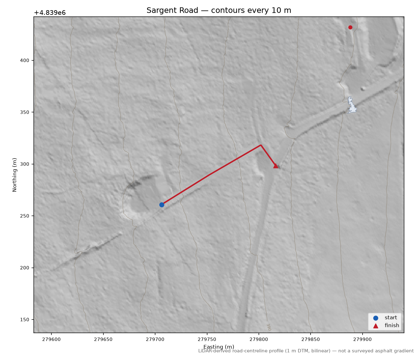 Sargent Road LiDAR hillshade map with contours
