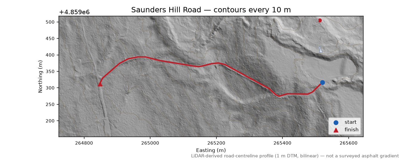 Saunders Hill Road LiDAR hillshade map with contours
