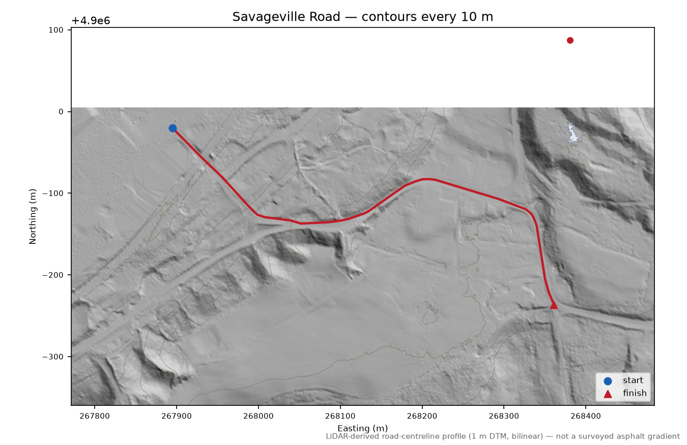 Savageville Road LiDAR hillshade map with contours