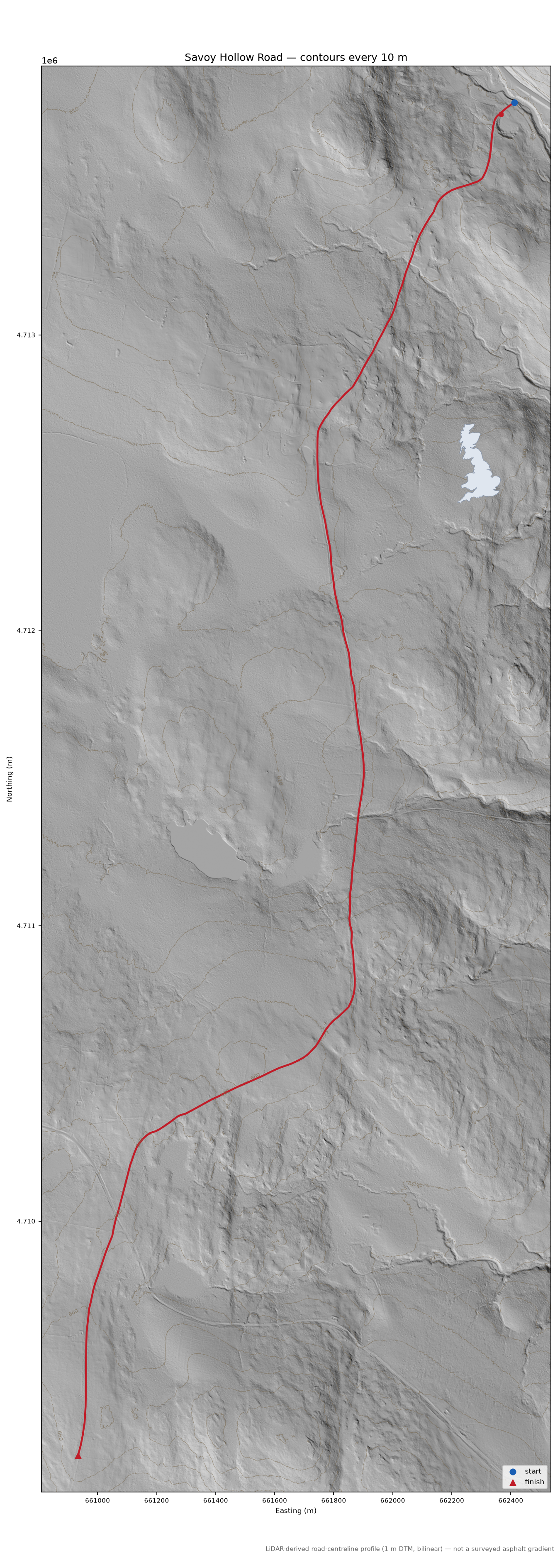 Savoy Hollow Road LiDAR hillshade map with contours