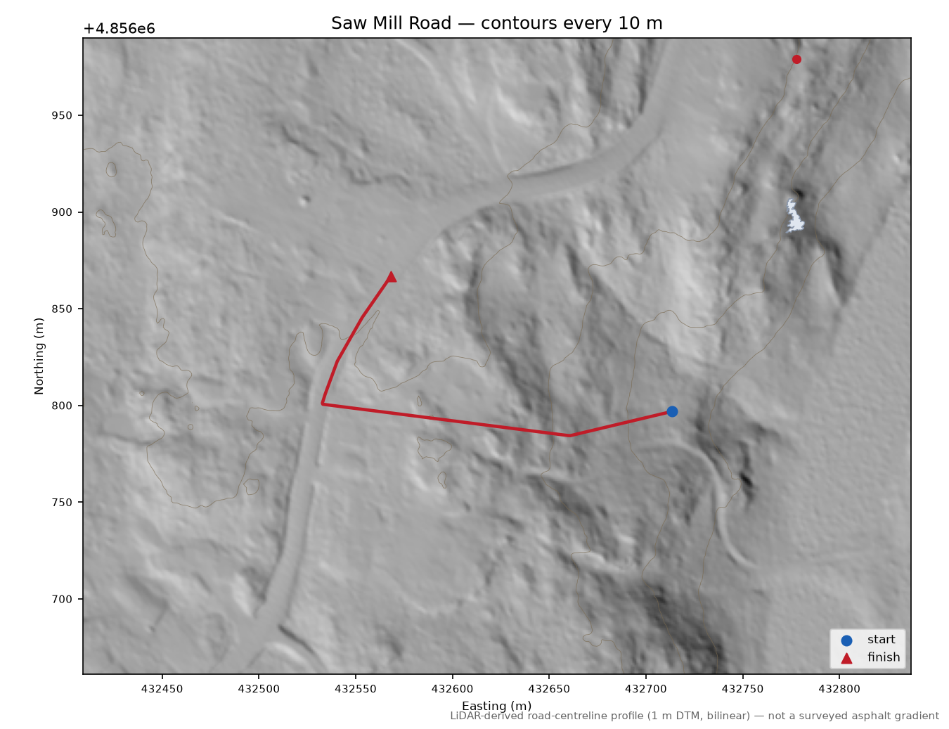 Saw Mill Road LiDAR hillshade map with contours