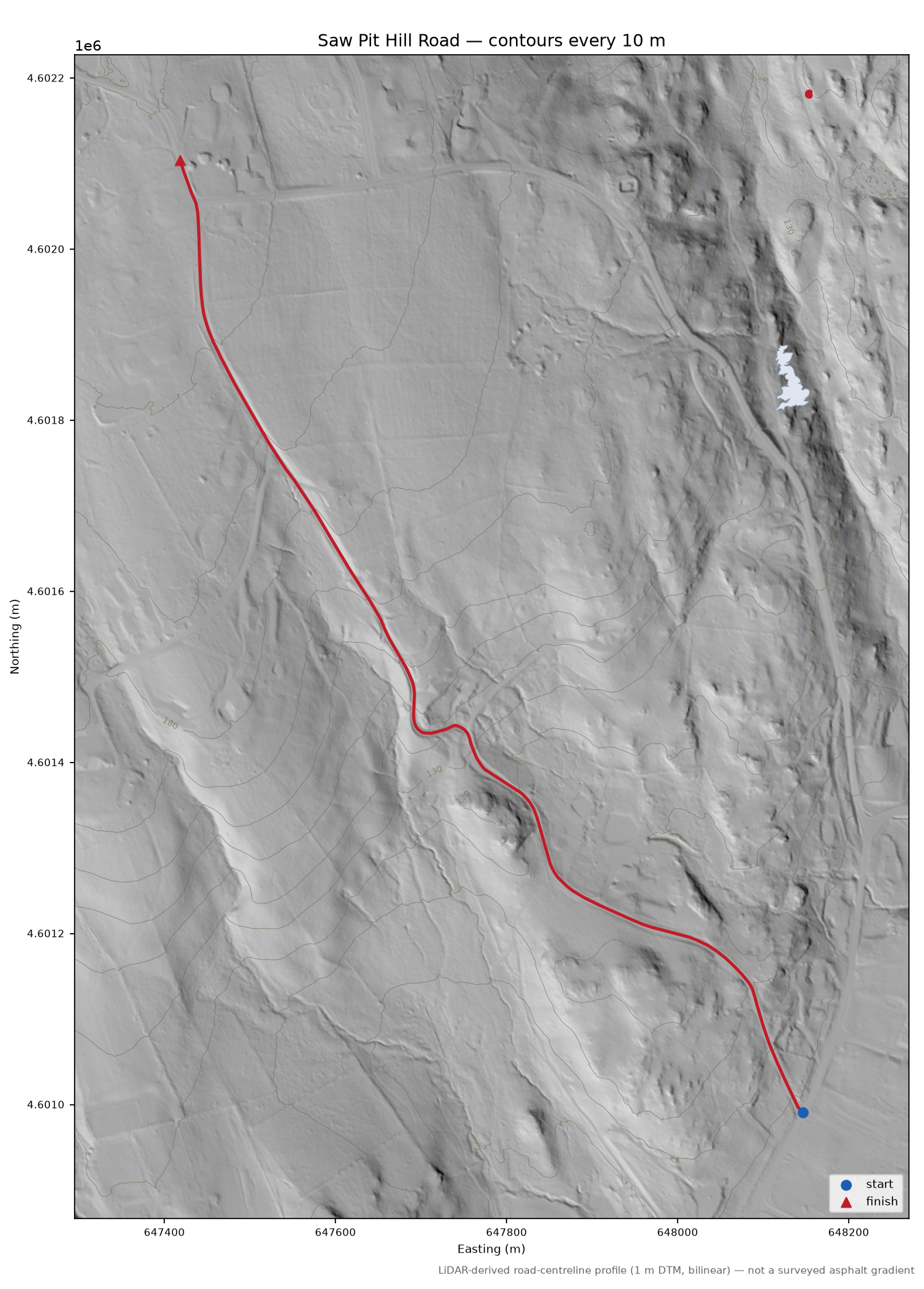 Saw Pit Hill Road LiDAR hillshade map with contours