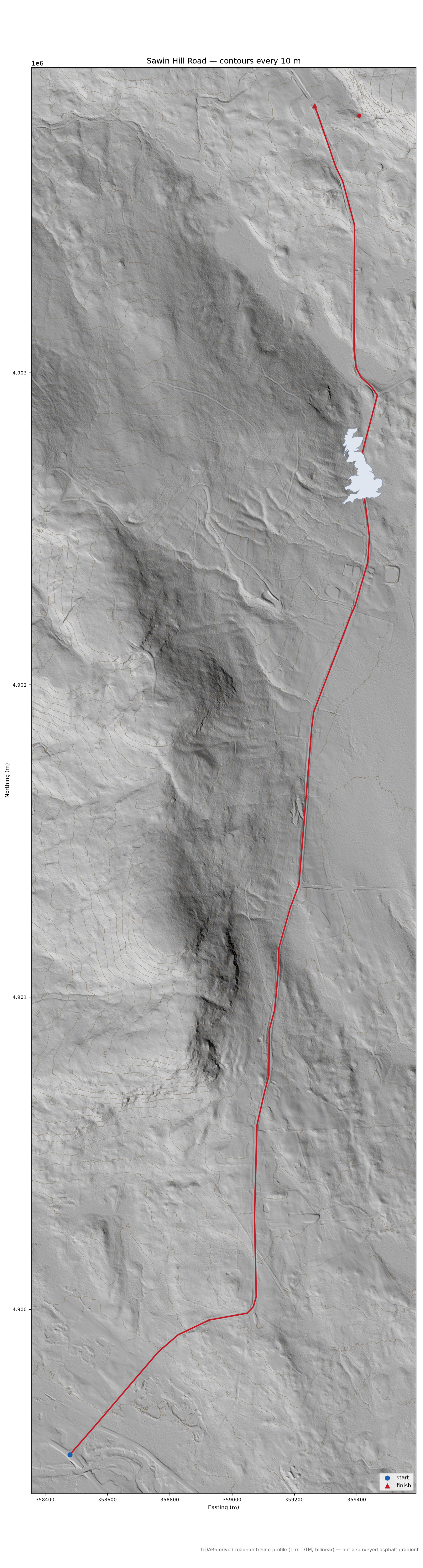 Sawin Hill Road LiDAR hillshade map with contours