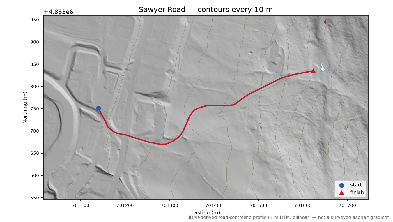 Sawyer Road LiDAR hillshade map with contours
