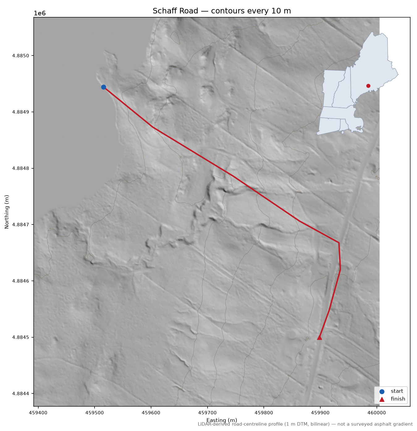 Schaff Road LiDAR hillshade map with contours